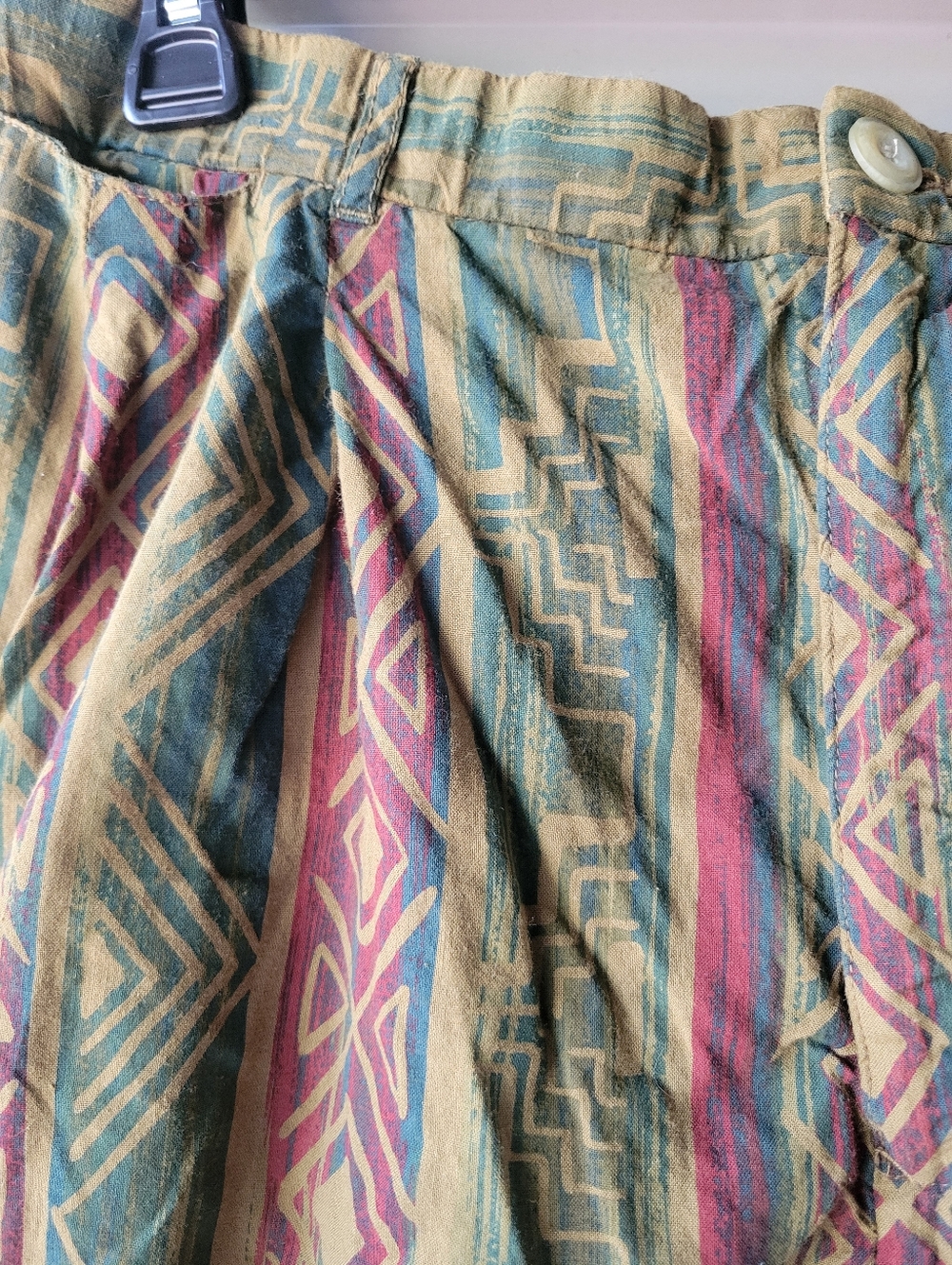 Vintage 80s Boho Geometric Pattern High-Waist Shorts in Green, Teal & Burgundy - Picture 4 of 8